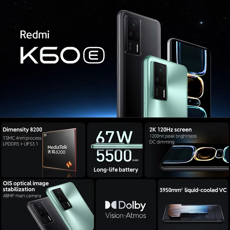 Refurbished Phones XIAOMI Redmi K60E 120Hz OLED 256GB 12GB RAM Dual SIM Dimensity 8200 5G CPU 5500mAh Battery 48MP+20MP UnderDisplay Fingerprint Unlock Smart Phones