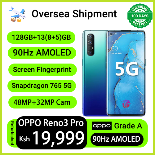 Refurbished Phone OPPO Reno3 Pro 13(8+5)GB RAM 90hz AMOLED Curved Screen 128GB Stoarge in-Display Fingerprint 48MP+32MP 4025 mAh 99% New Dual 5G Snapdragon 765G OPPO Reno 3 Pro Smart Phones