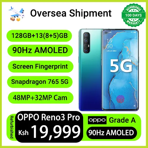 Refurbished Phone OPPO Reno3 Pro 13(8+5)GB RAM 90hz AMOLED Curved Screen 128GB Stoarge in-Display Fingerprint 48MP+32MP 4025 mAh 99% New Dual 5G Snapdragon 765G OPPO Reno 3 Pro Smart Phones
