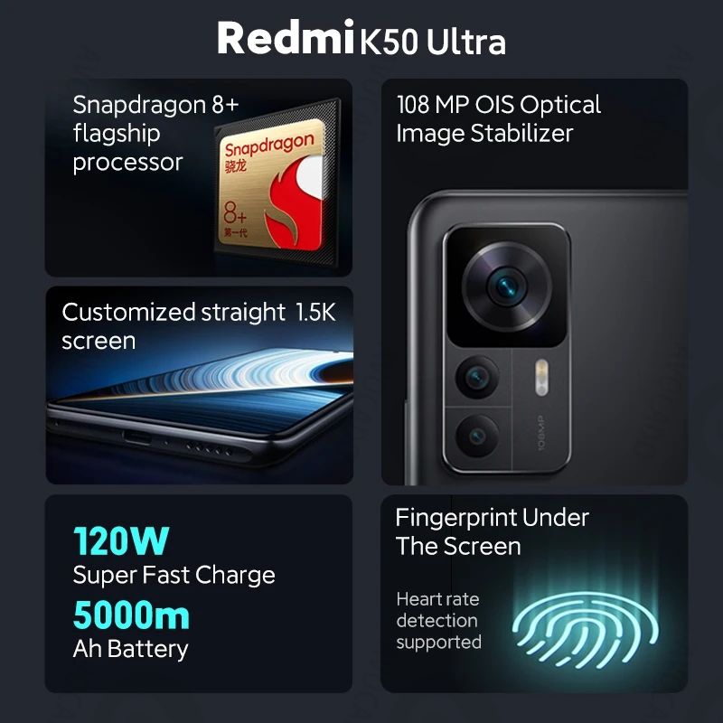 Refurbished Phones Redmi K50 Ultra 12GB RAM 256GB ROM Dual SIM 144Hz Refresh Snapdragon 8+ Gen 1 Screen Fingerprint Unlock 108MP+20MP Smart Phones