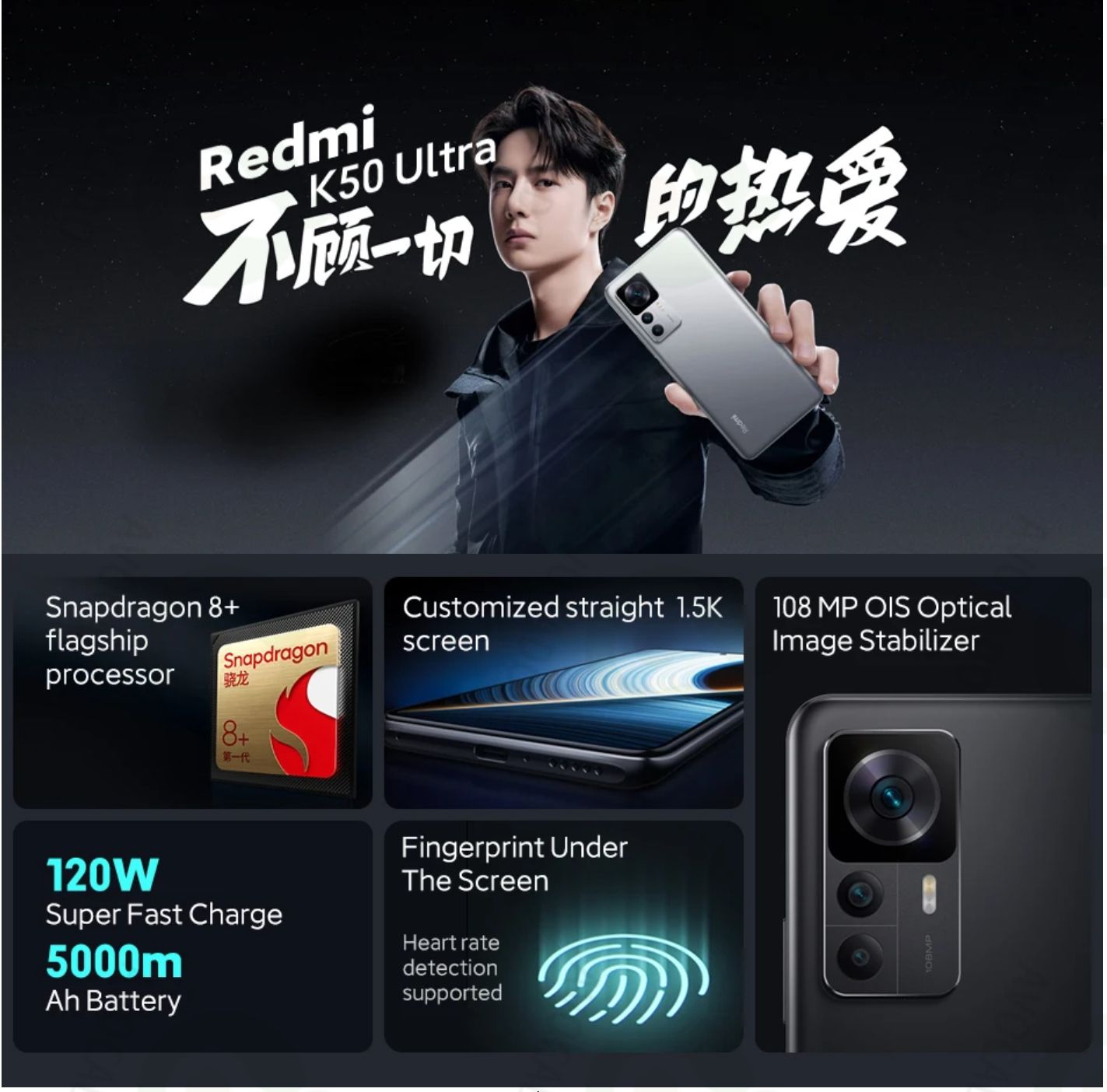 Refurbished Phones Redmi K50 Ultra 12GB RAM 256GB ROM Dual SIM 144Hz Refresh Snapdragon 8+ Gen 1 Screen Fingerprint Unlock 108MP+20MP Smart Phones