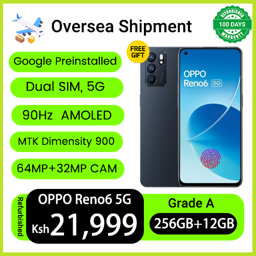 Refurbished Phones OPPO Reno6 5G 256GB ROM 12GB RAM Dual SIM Dimensity 900 5G 64MP+32MP Camera 90Hz AMOLED Screen Fingerprint Unlock Smart Phones