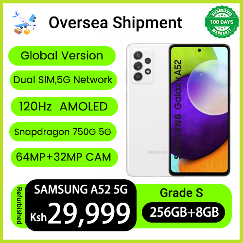 Refurbished Phones SAMSUNG A52 8GBRAM 256GB Storage Dual SIM 5G Network 120Hz Super AMOLED 4500mAh 64MP+32MP Screen Fingerprint Snapdragon 750G 5G Android 13 Smart Phones
