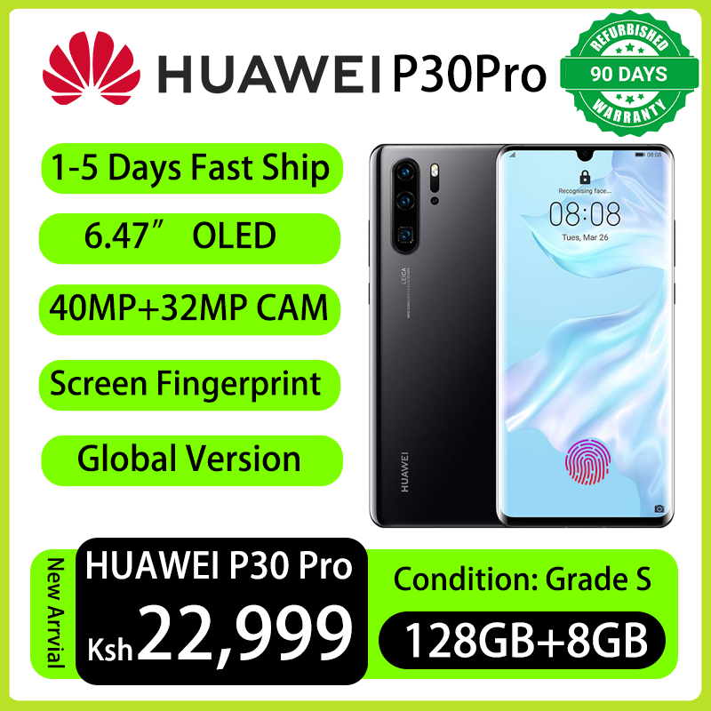 Refurbished Phones HUAWEI P30 Pro Dual SIM 4G LTE 8GB RAM 40MP+20MP Camera 4200 mAh Face Unlock In-Display Fingerprint OLED Screen Kirin 980 CPU Smart Phones