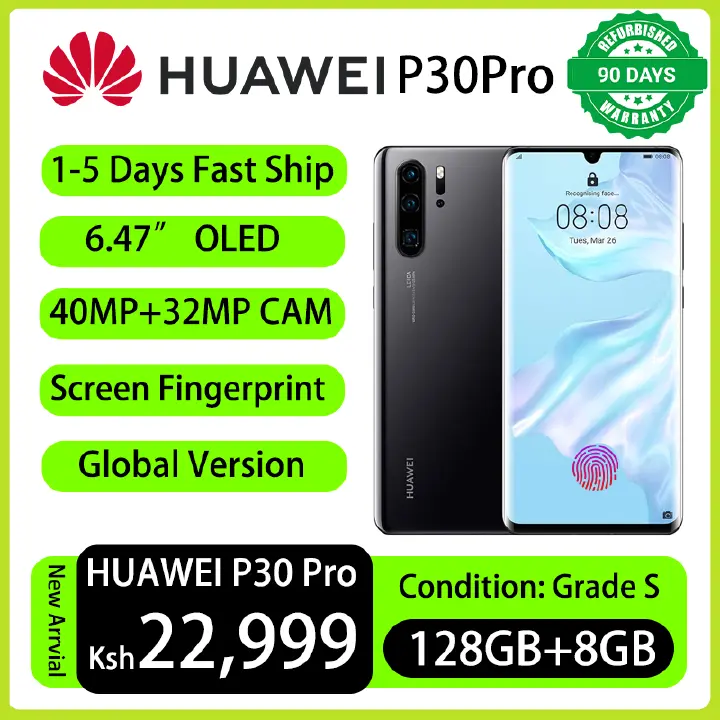 Refurbished Phones HUAWEI P30 Pro Dual SIM 4G LTE 8GB RAM 40MP+20MP Camera 4200 mAh Face Unlock In-Display Fingerprint OLED Screen Kirin 980 CPU Smart Phones
