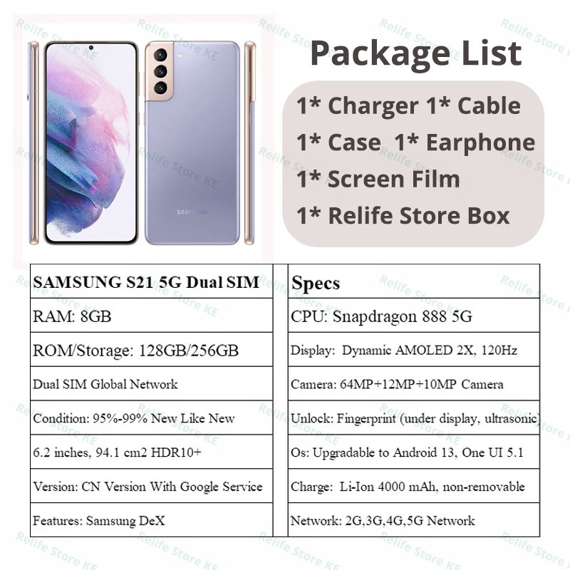 Refurbished Phones SAMSUNG S21 Snapdragon 888 5G  8GB RAM 256GB Storage Dual SIM 5G Network 120Hz Super AMOLED 4000mAh 64MP+10MP Screen Fingerprint Android 13 Smart Phones