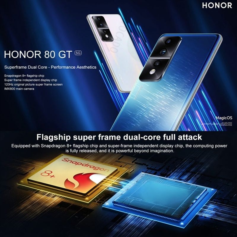 Refurbished Phones HONOR 80 GT 12GB RAM Snapdragon 8+ Gen 1 6.67" 120Hz AMOLED Dual SIM 5G Network 4800mAh Battery 54MP+16MP Camera Android 12 Under Display Fingerprint  Smart Phones