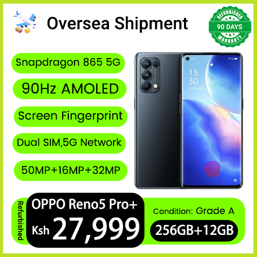 Refurbished Phones OPPO Reno5 Pro+ 128G Storage 8GB RAM 50MP+32MP 90Hz Curved AMOLED 4350mAh Indisplay Fingerprint Face ID Snapdragon 865 5G Smart Phones