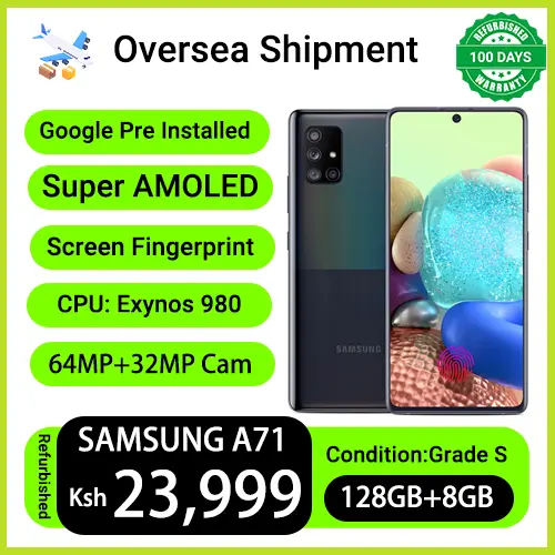 Refurbished Phones SAMSUNG Galaxy A71 Dual SIM Under Display Fingerprint 64MP+32MP 5G Network 4500mAh Exynos 980 6.7" AMOLED 8GB RAM 128GB Storage 4500mAh Battery Smart Phones