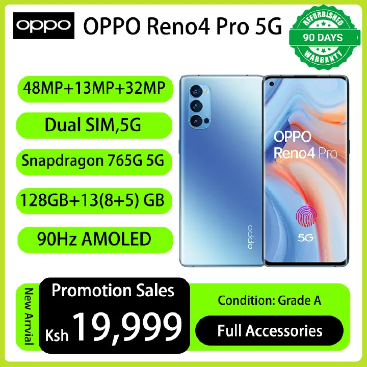 Refurbished Phones OPPO Reno4 PRO 5G 13(8+5)GB RAM 128GB Storage 90Hz AMOLED 48MP+32MP Camera 4000 mAh Dual SIM 5G Network indisplay fingerprint Reno 4 Pro Smart Phones Phones