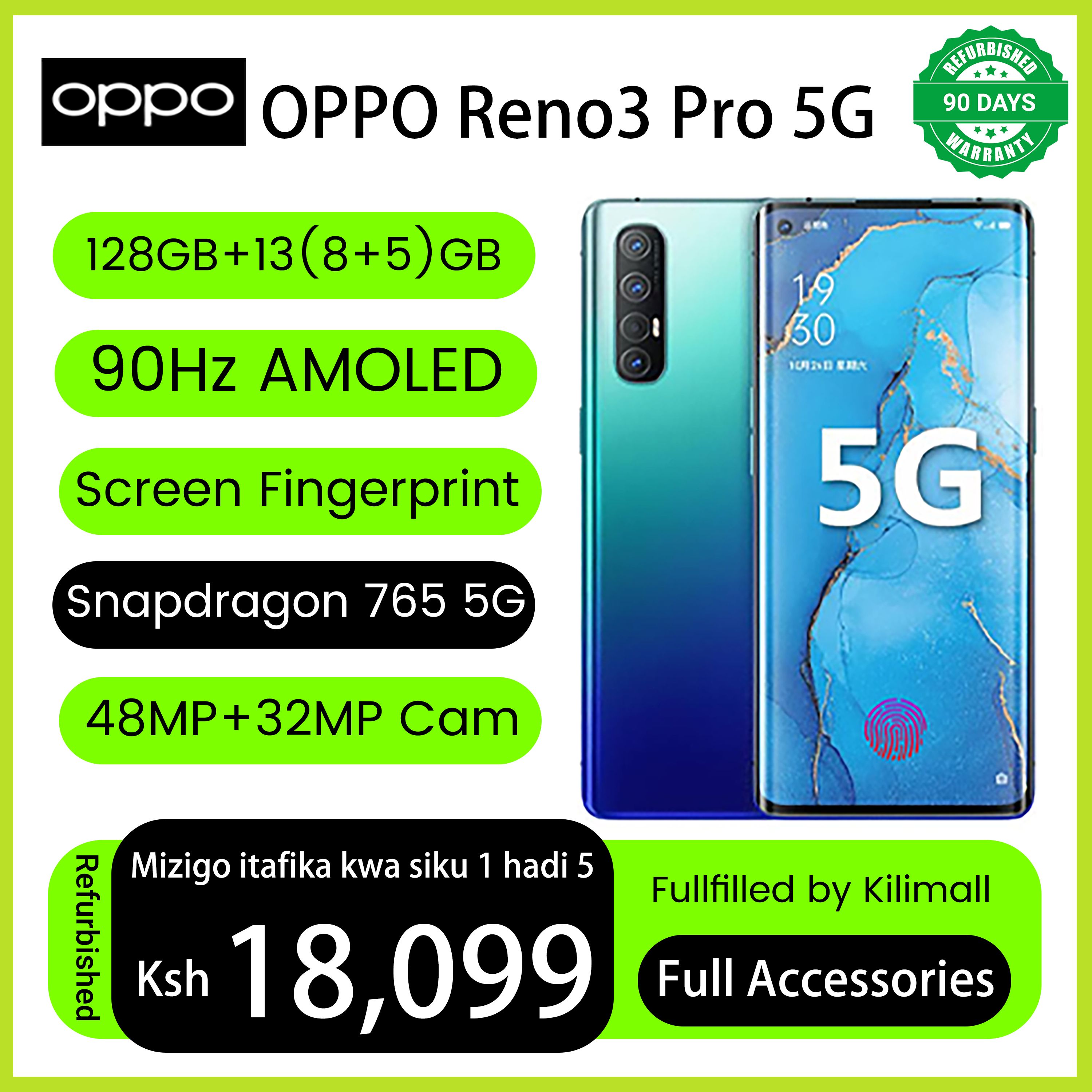 Refurbished Phone OPPO Reno3 Pro 13(8+5)GB RAM 90hz AMOLED Curved Screen 128GB Stoarge in-Display Fingerprint 48MP+32MP 4025 mAh 99% New Dual 5G Snapdragon 765G OPPO Reno 3 Pro Smart Phones
