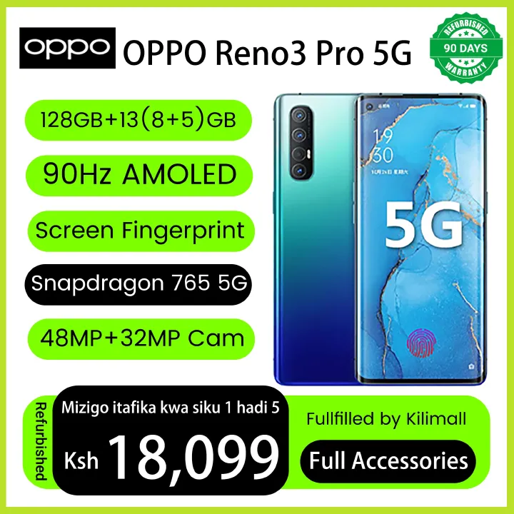 Refurbished Phone OPPO Reno3 Pro 13(8+5)GB RAM 90hz AMOLED Curved Screen 128GB Stoarge in-Display Fingerprint 48MP+32MP 4025 mAh 99% New Dual 5G Snapdragon 765G OPPO Reno 3 Pro Smart Phones