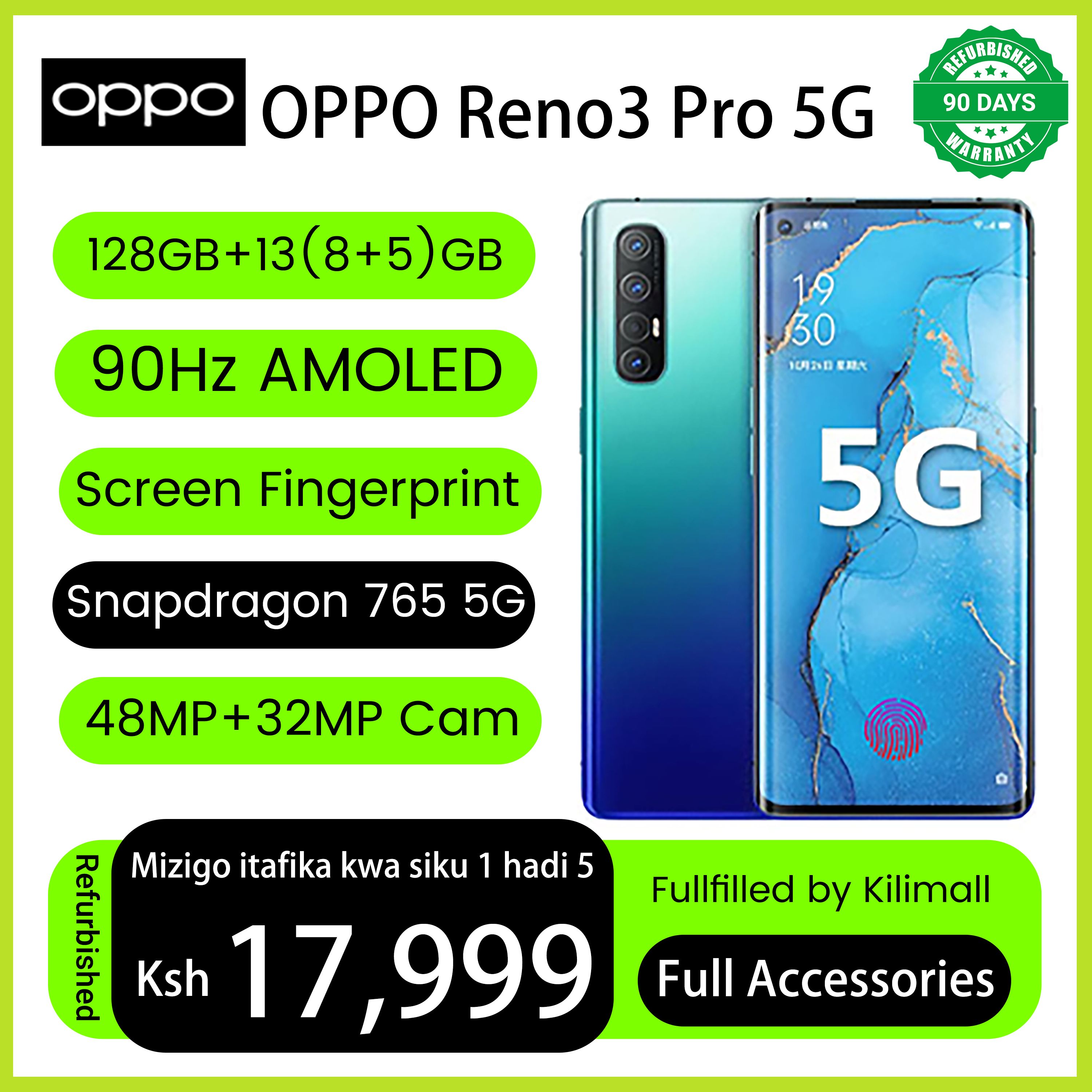 Refurbished Phone OPPO Reno3 Pro 13(8+5)GB RAM 90hz AMOLED Curved Screen 128GB Stoarge in-Display Fingerprint 48MP+32MP 4025 mAh 99% New Dual 5G Snapdragon 765G OPPO Reno 3 Pro Smart Phones