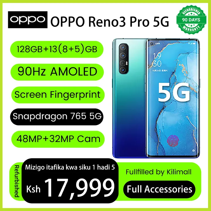 Refurbished Phone OPPO Reno3 Pro 13(8+5)GB RAM 90hz AMOLED Curved Screen 128GB Stoarge in-Display Fingerprint 48MP+32MP 4025 mAh 99% New Dual 5G Snapdragon 765G OPPO Reno 3 Pro Smart Phones