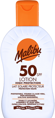 Malibu Lotion High protection from UVA and UVB rays.SPF50