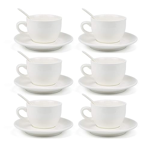 Ceramic Cappuccino Cups with Saucers - Set of 12,  6 cups and 6 saucers Perfect for Specialty Coffee Drinks, Latte, Cafe Mocha and Tea, Ivory White