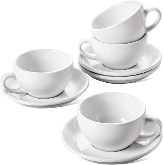 Ceramic Cappuccino Cups with Saucers - Set of 12,  6 cups and 6 saucers Perfect for Specialty Coffee Drinks, Latte, Cafe Mocha and Tea, Ivory White