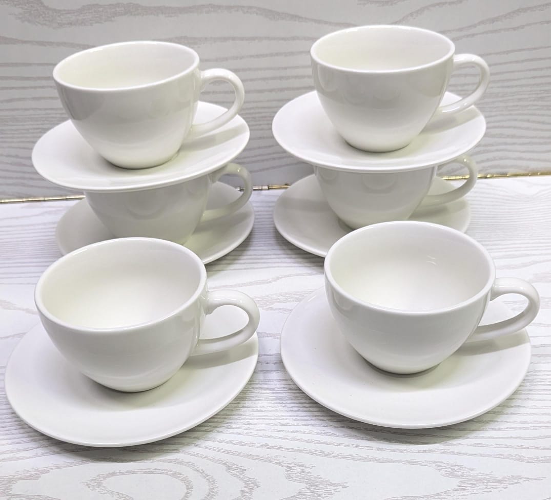 Ceramic Cappuccino Cups with Saucers - Set of 12,  6 cups and 6 saucers Perfect for Specialty Coffee Drinks, Latte, Cafe Mocha and Tea, Ivory White