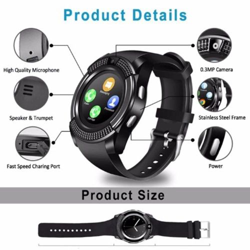 V8 Smart Watch with Camera Sim Card Slot for Android Message Reminder (Black)