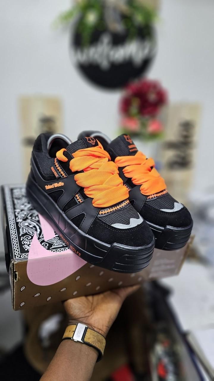 ORIGINAL CLASSIC BLACK NAKED WOLFE MASTER, VERY FASHIONABLE AND CLASSY, (BEST SHOP FOR MEN SNEAKERS, OFFICIAL SHOES,  CASUAL SHOES) BLACK AND ORANGE