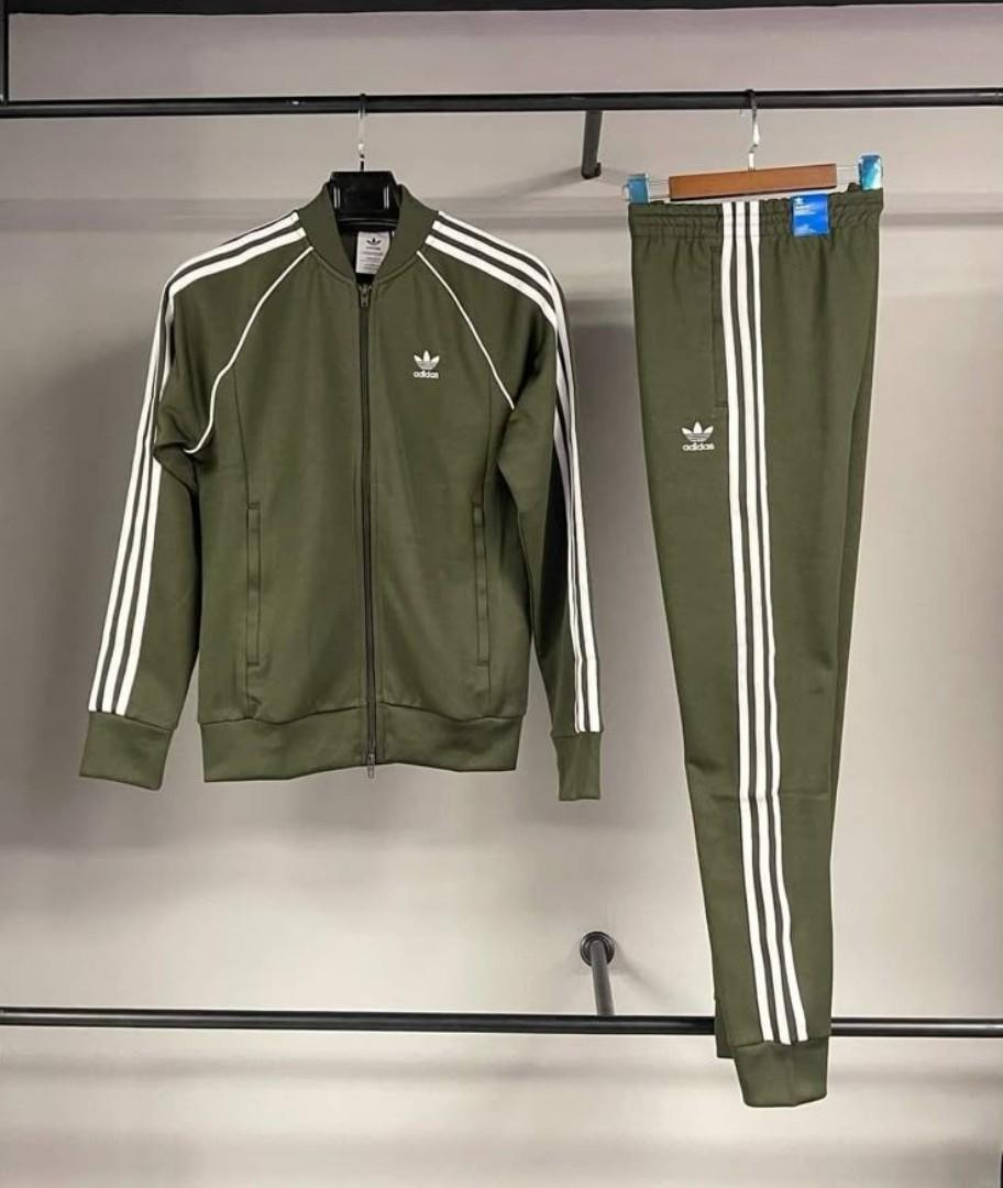 ORIGINAL GREEN ADIDAS TRACKSUIT, GREEN AND WHITE STRIPES. UNISEX, HIGH QUALITY COTTON MATERIAL. WOMEN TRACKSUITS, MEN TRACKSUITS, KIDS TRACKSUITS. SPORTS TRACKSUITS