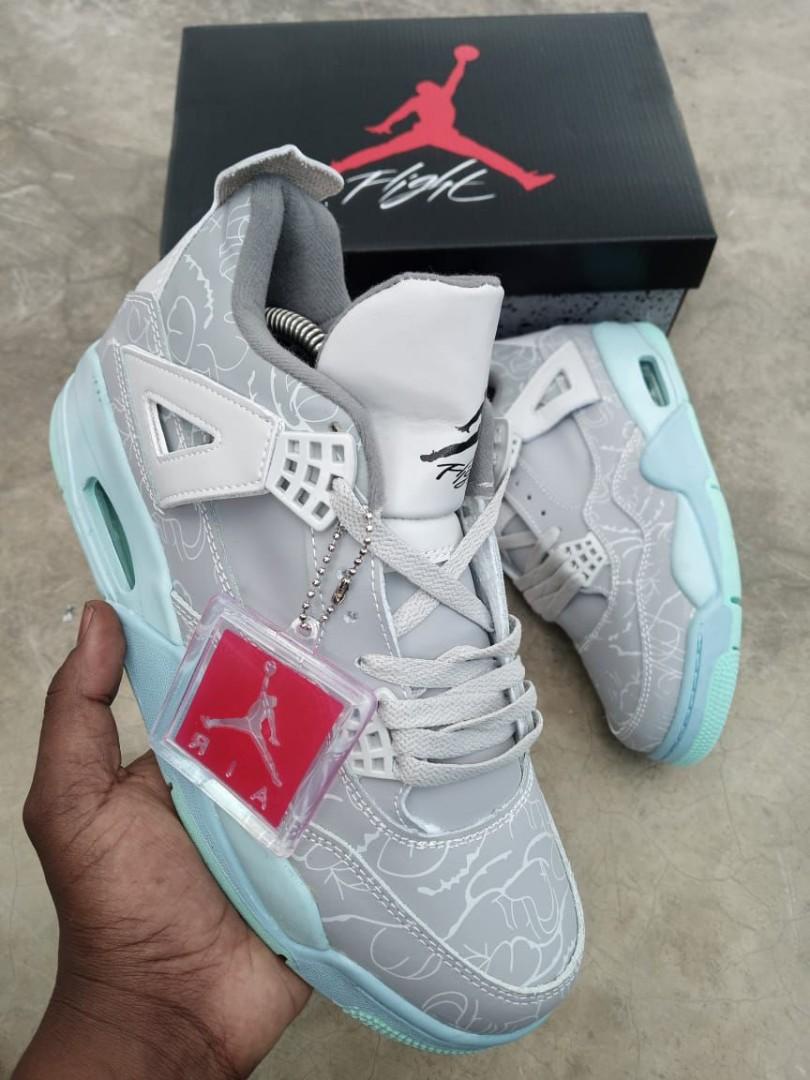 ORIGINAL AIR JORDAN 4 RETRO, "KAWS COOL GREY, laser". CUSTOMIZED JORDAN, COLOUR GREEN AND WHITE ,HIGH QUALITY SNEAKERS. JORDAN Best shop for Airforce, Air jordan, Airmax tn, Air force sneakers)