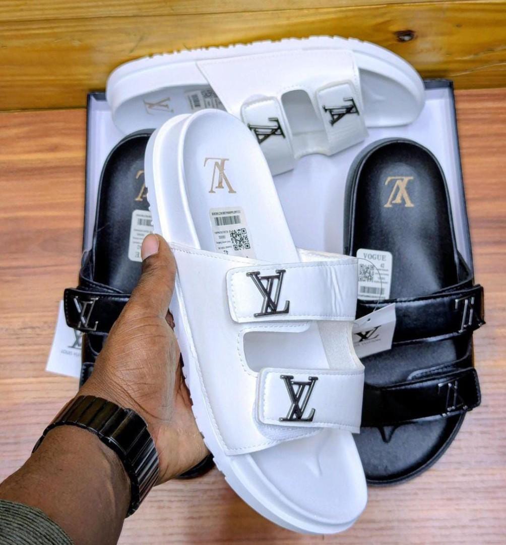 ORIGINAL WHITE LEATHER LOUIS VUITTON (lv slides) MEN OPEN SLIDES VERY COMFORTABLE AND DURABLE. STYLISH OPEN SLIDES (BEST SHOP FOR SLIP ONS, SLIPERS, SLIDES & OPEN SHOES)
