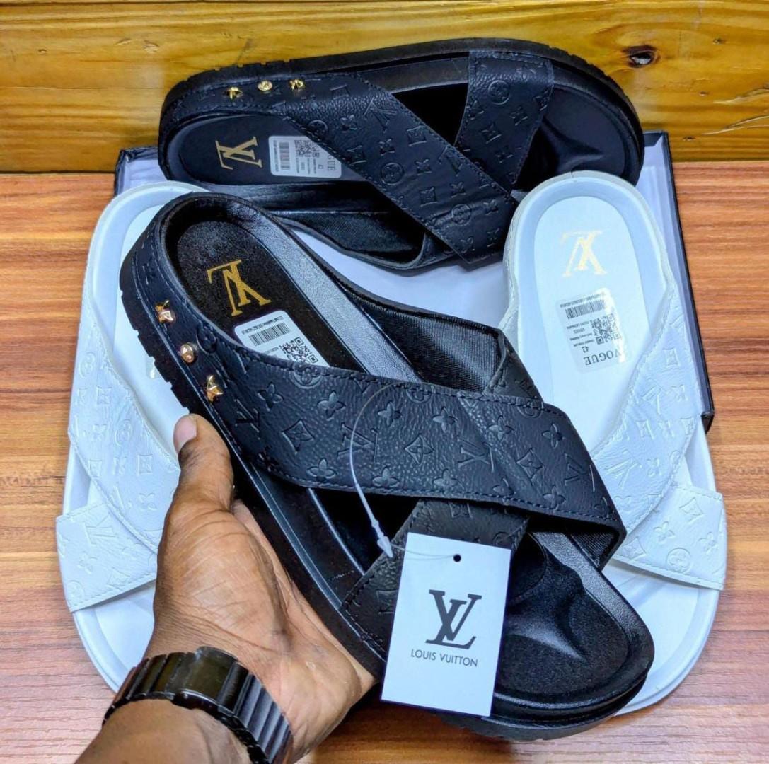 ORIGINAL BLACK LEATHER LOUIS VUITTON (lv slides) MEN OPEN SLIDES VERY COMFORTABLE AND DURABLE. STYLISH OPEN SLIDES (BEST SHOP FOR SLIP ONS, SLIPERS, SLIDES & OPEN SHOES)