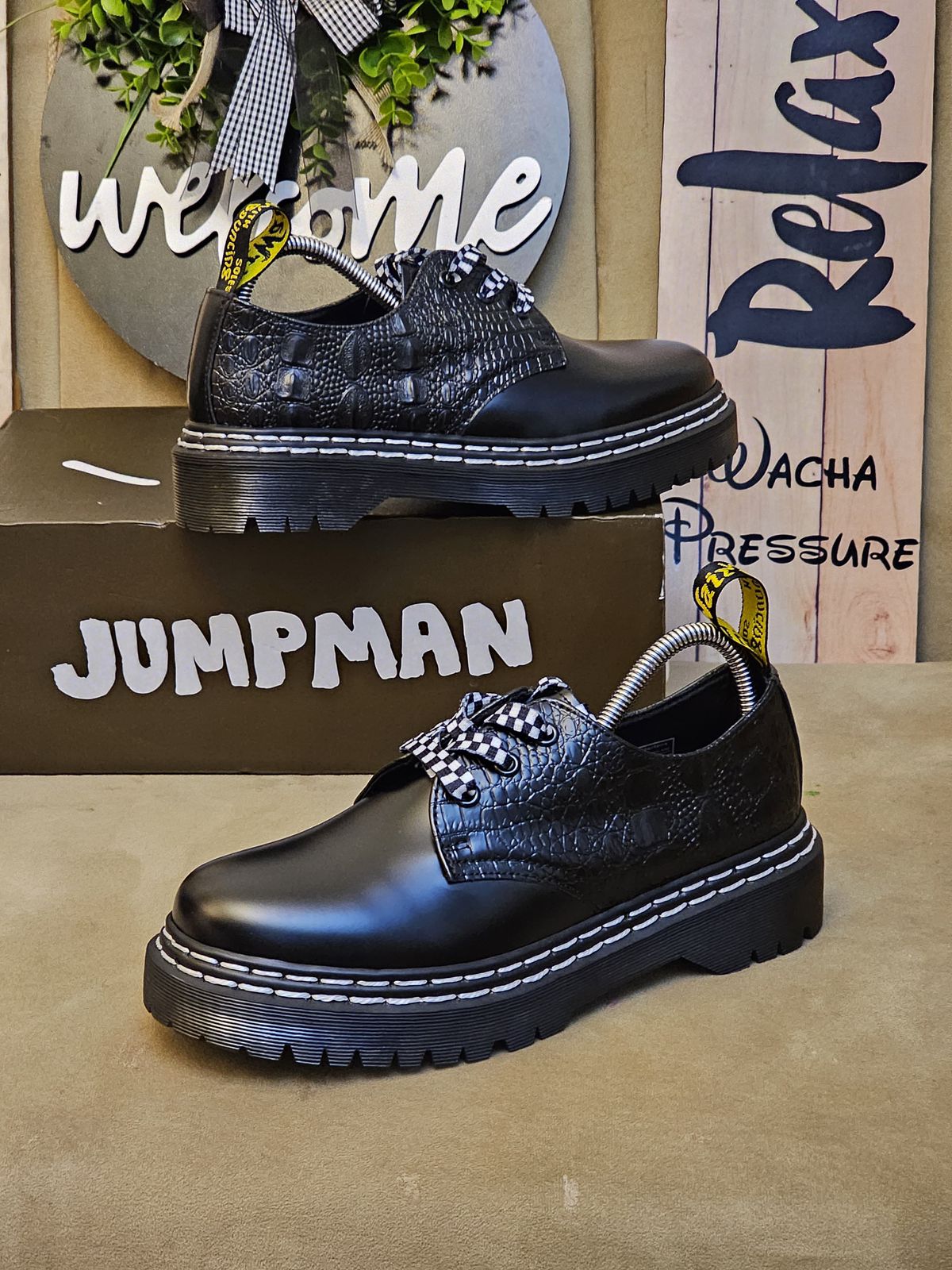 🔥 Original Leather Dr Marten black patent leather-style lace-up shoes with a thick, (Dr Martin)lugged sole and a metallic embellishment on the vamp.  very comfortable and classy official cassual loe