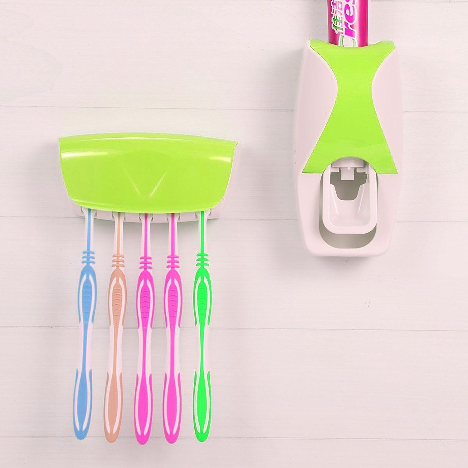 Automatic toothpaste dispenser and 5spaces toothbrush holder.