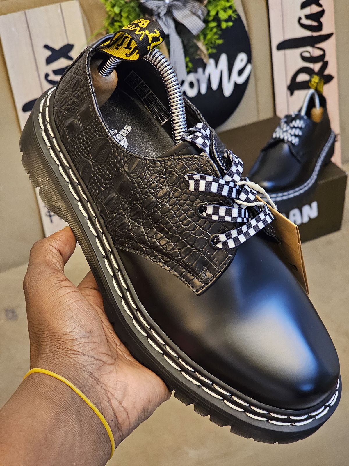 🔥 Original Leather Dr Marten black patent leather-style lace-up shoes with a thick, (Dr Martin)lugged sole and a metallic embellishment on the vamp.  very comfortable and classy official cassual loe