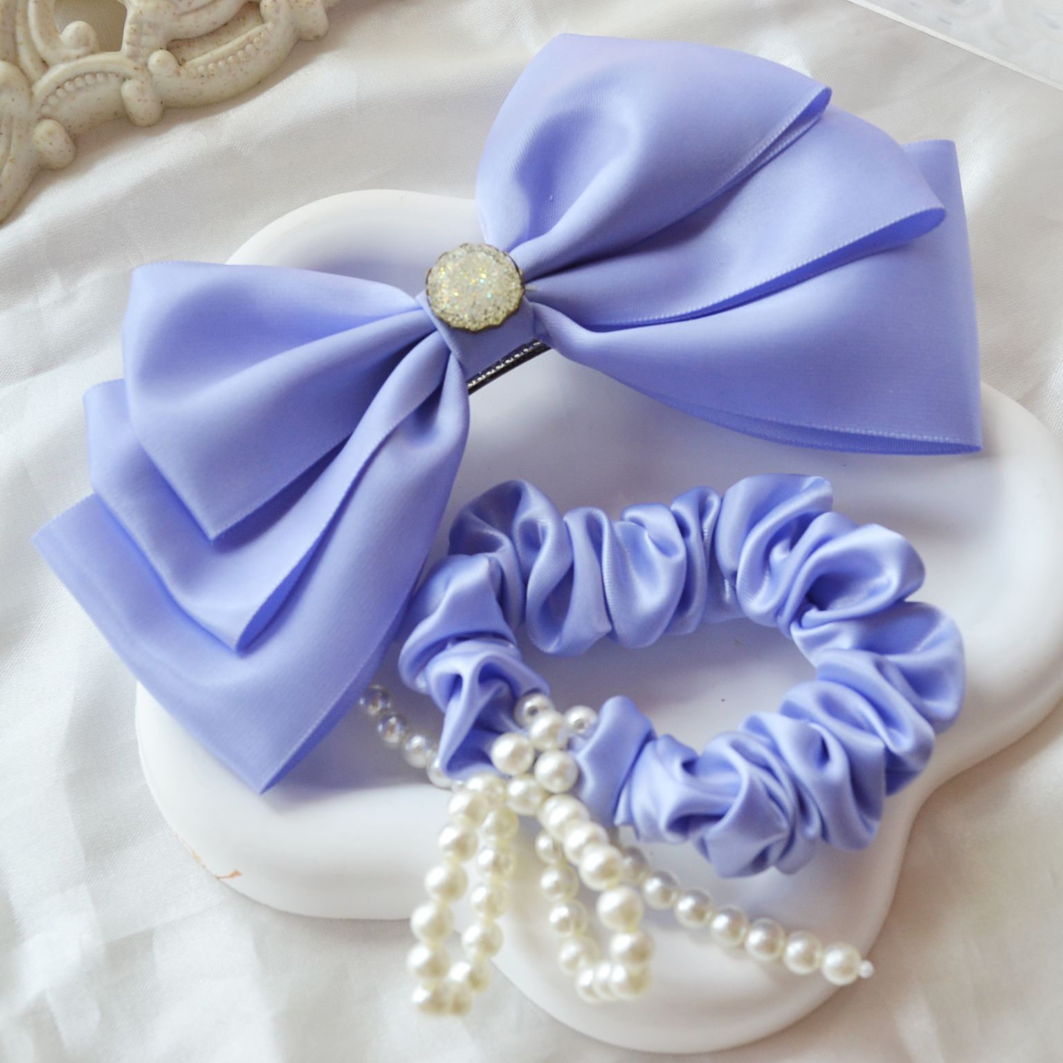 2pcs/Set Bow Tie Hair Clip And Pearls Hair Loop Fashion Girls Hair Accessories Elegant Bow Hairpin Large Ribbon Hair Clip