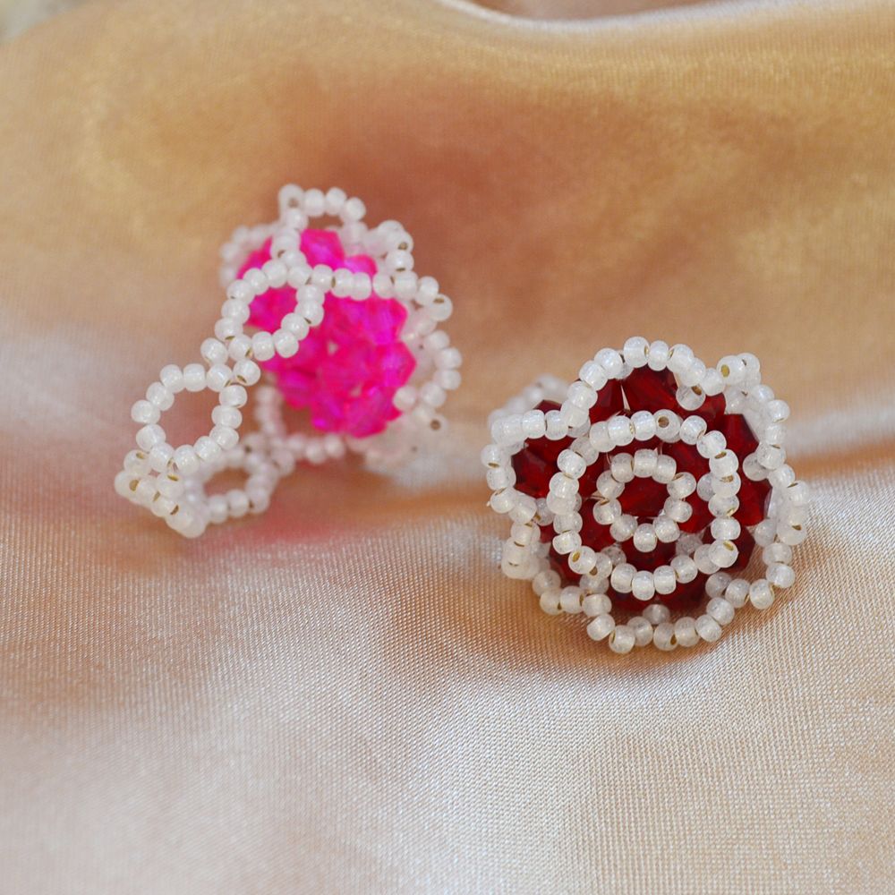 Crystal Rose Ring for Women Handmade Bead Ring Adjustable elasticity Fashion Accessories Jewelry