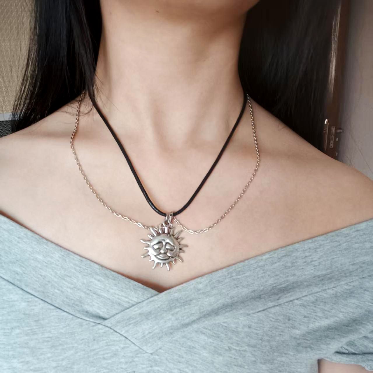 Multi Layer Necklaces Pendants Women&Men Black Necklace Sun Charm Bar Statement Necklace Valentines Gift