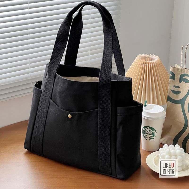 Preppy Style Shoulder Bag Unisex Large Capacity HandBag Casual Versatile Solid Canvas Bag Student Commuting Zipper Square Bag