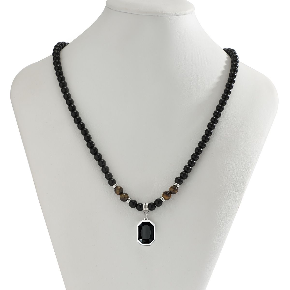 Black Beads with Square Pendant Necklace for Men Trendy Accessories on the Neck Collar 2024 Fashion Jewelry Male Gift Decoration