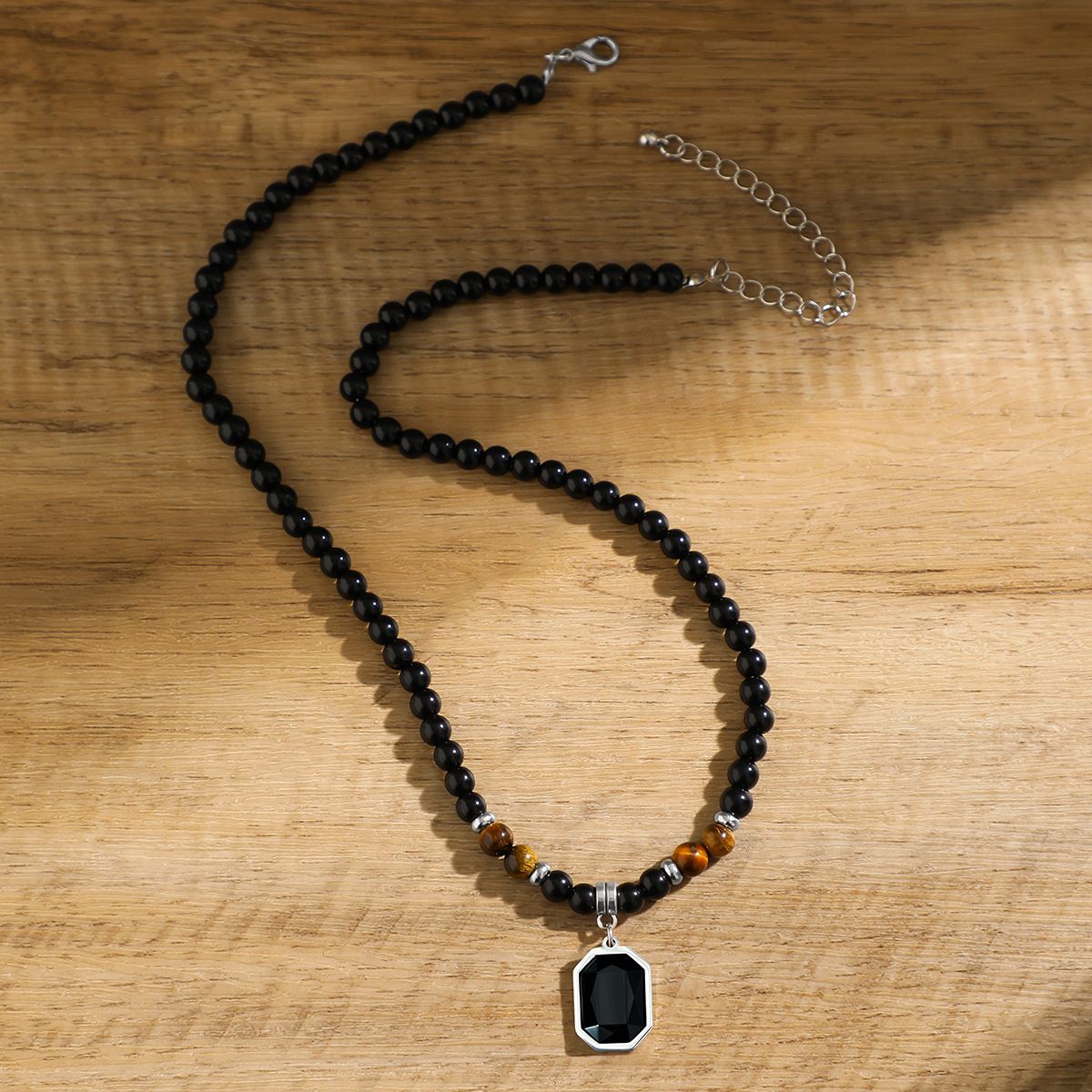 Black Beads with Square Pendant Necklace for Men Trendy Accessories on the Neck Collar 2024 Fashion Jewelry Male Gift Decoration