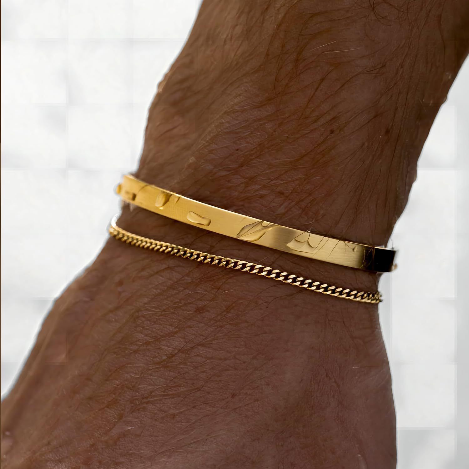 Stackable Bracelets for Men, 925 Sterling Silver/14K Gold Plated Bracelet Sets Dainty Cuff Bangle Box Cuban Link Bracelets