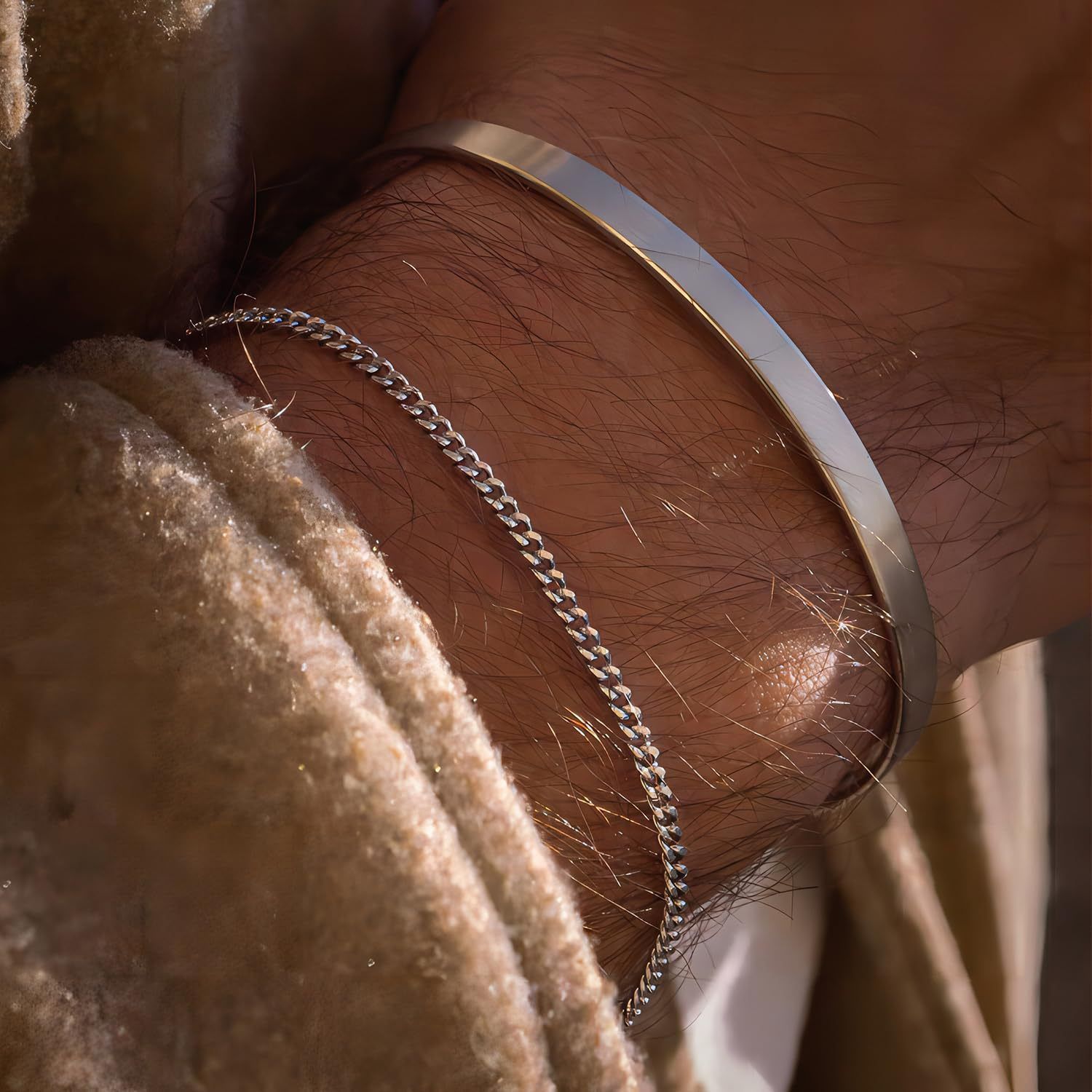 Stackable Bracelets for Men, 925 Sterling Silver/14K Gold Plated Bracelet Sets Dainty Cuff Bangle Box Cuban Link Bracelets