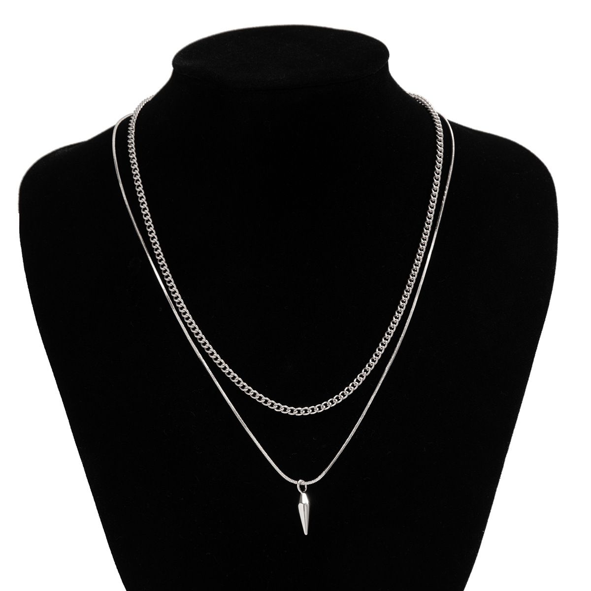 KunJoe 2pcs/set Stainless Steel Metal Rivet Pendant Thin Snake Chain Necklace for Men Punk Silver Color Cuban Link Chain Choker