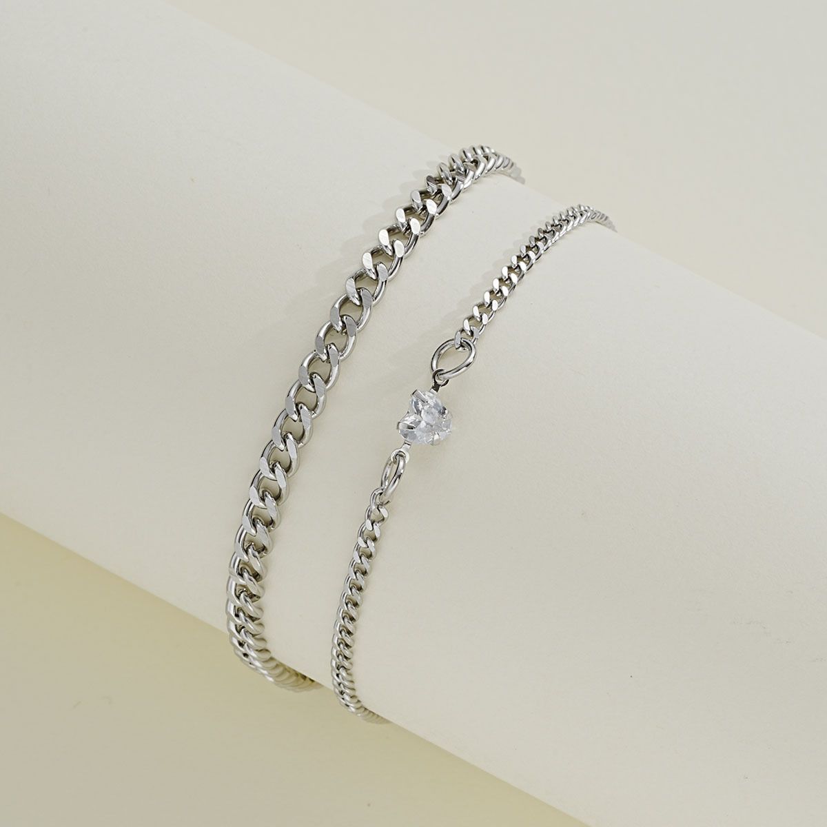 2PCS Simple Fashion Stainless Steel Bracelet Set for Couple Unisex Women Men Lover Crystal Heart Silvery Chain Bracelets Jewelry