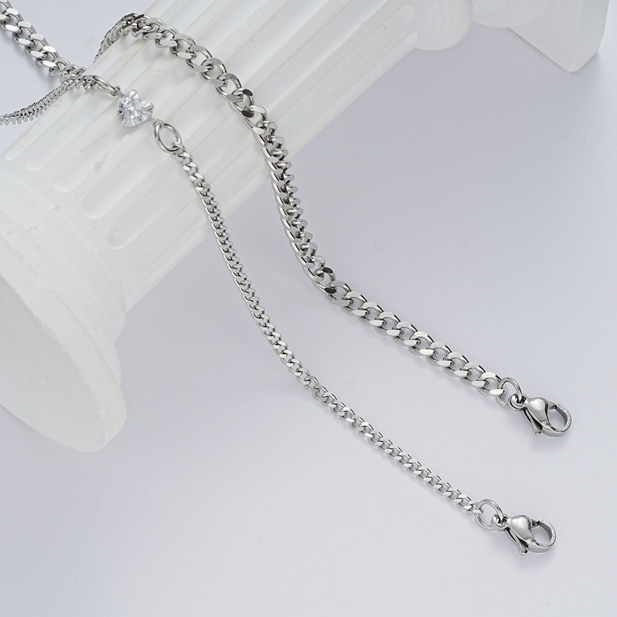 2PCS Simple Fashion Stainless Steel Bracelet Set for Couple Unisex Women Men Lover Crystal Heart Silvery Chain Bracelets Jewelry