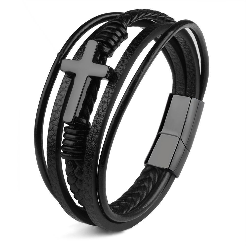 Cross leather bracelet for men multi-layer hand woven rope  magnetic buckle genuine leather bracelet