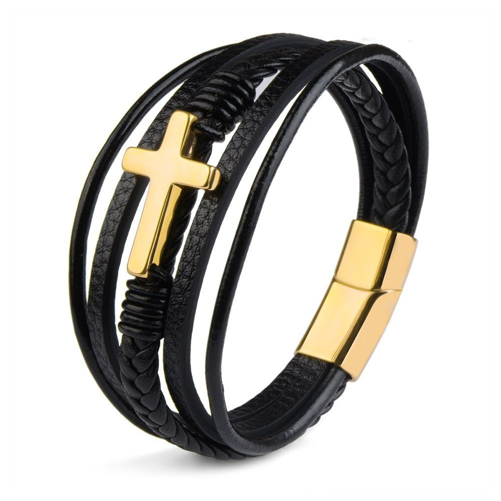 Cross leather bracelet for men multi-layer hand woven rope  magnetic buckle genuine leather bracelet