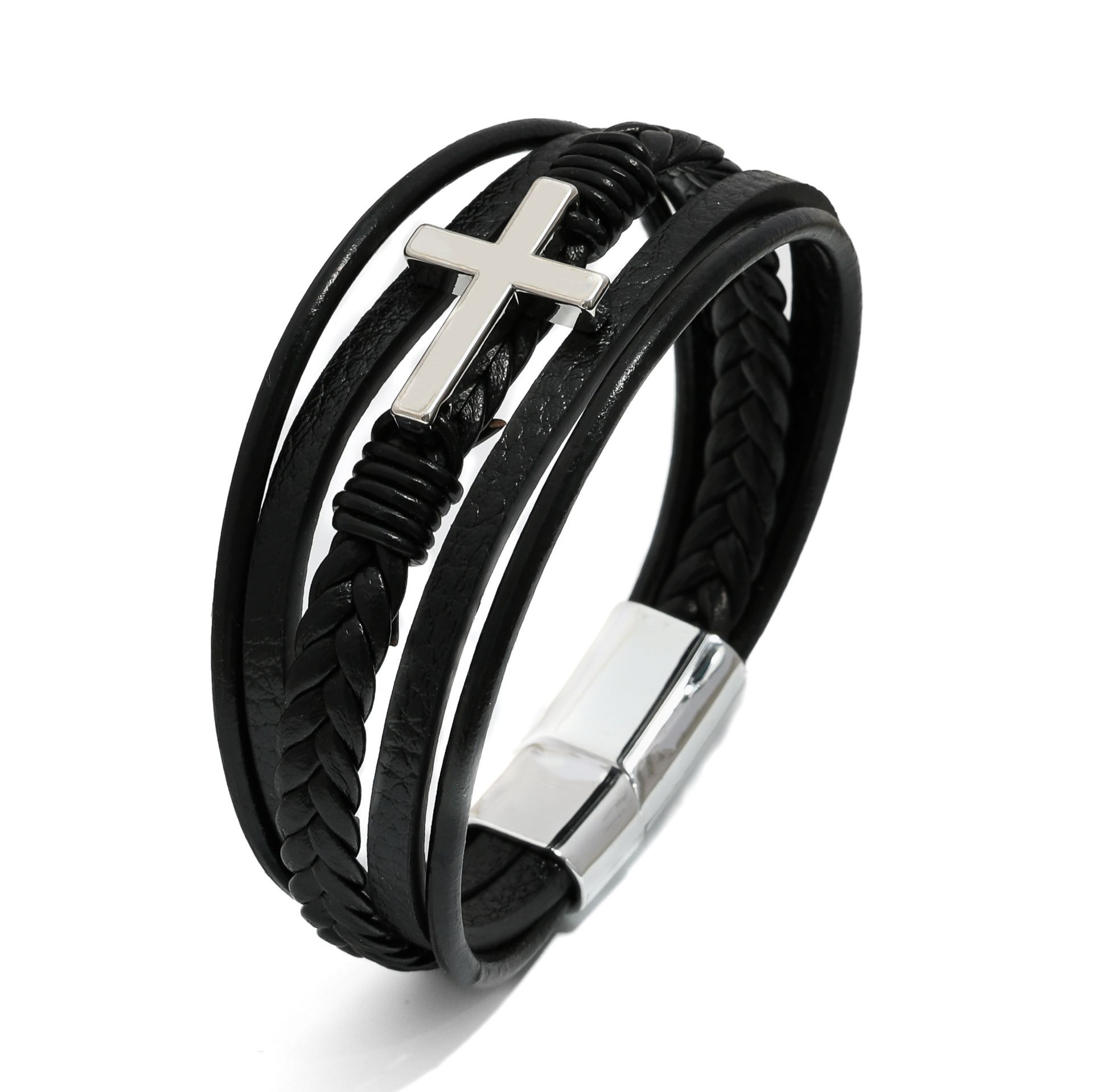 Cross leather bracelet for men multi-layer hand woven rope  magnetic buckle genuine leather bracelet