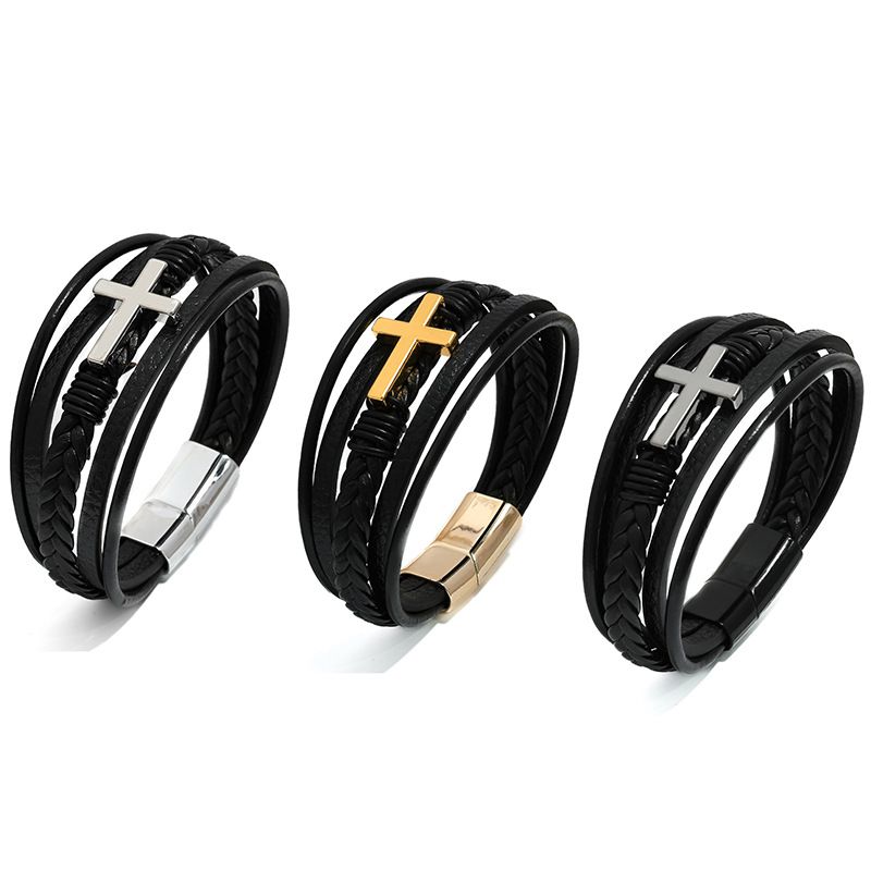 Cross leather bracelet for men multi-layer hand woven rope  magnetic buckle genuine leather bracelet