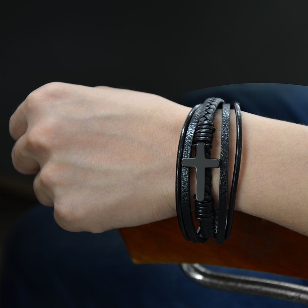 Cross leather bracelet for men multi-layer hand woven rope  magnetic buckle genuine leather bracelet