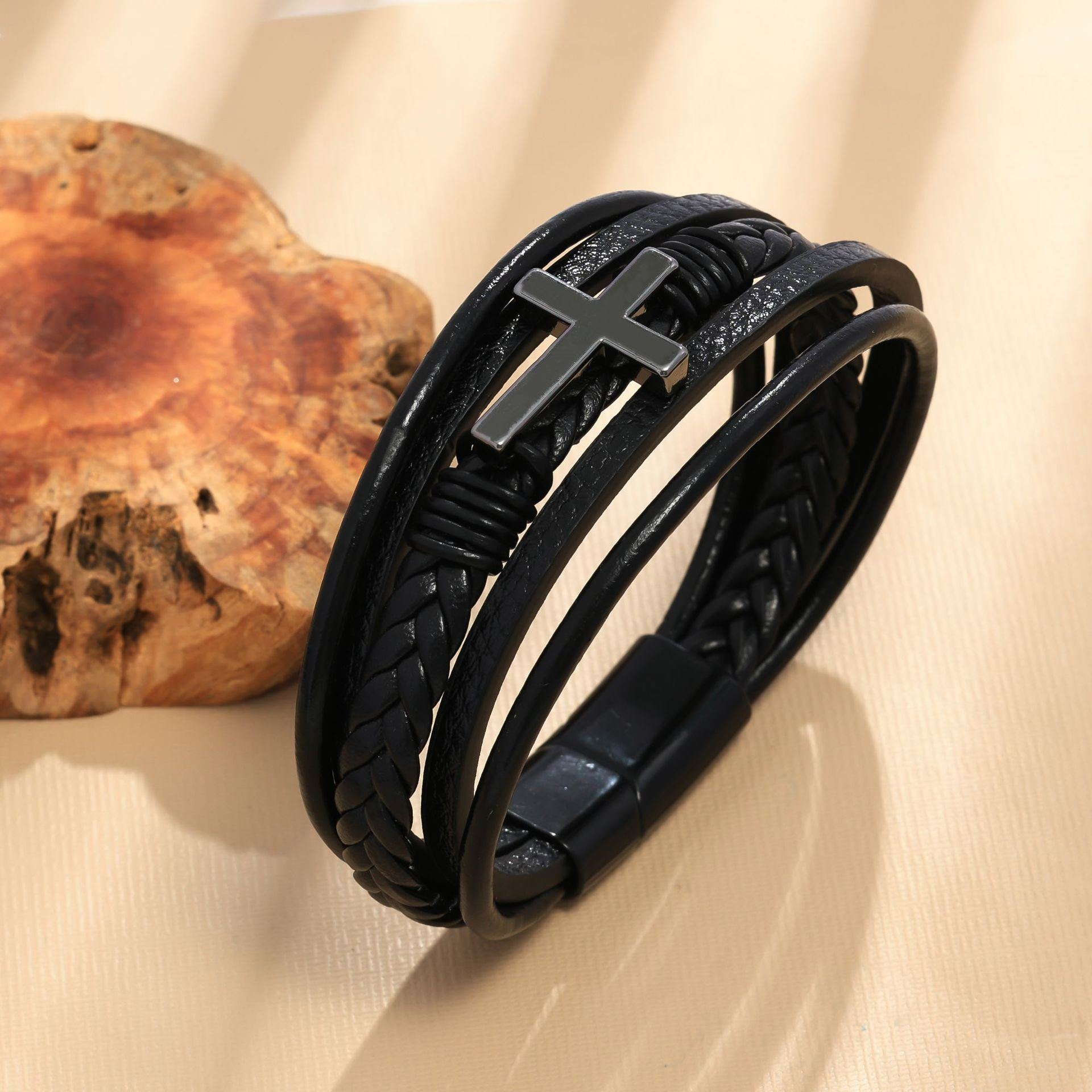 Cross leather bracelet for men multi-layer hand woven rope  magnetic buckle genuine leather bracelet