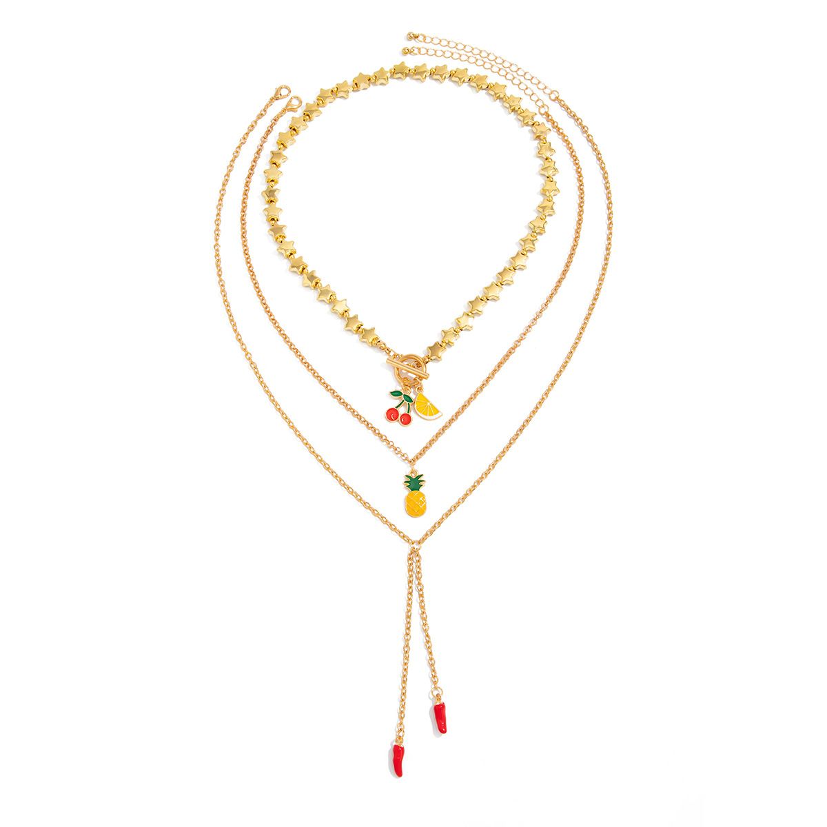 Lacteo 3 Pcs/Set Trendy Unique Cherry Pineapple Watermelon Pendant Necklaces Creative Red Chili Long Tassel Neck Accessories New