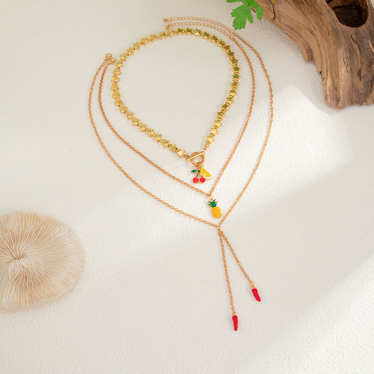Lacteo 3 Pcs/Set Trendy Unique Cherry Pineapple Watermelon Pendant Necklaces Creative Red Chili Long Tassel Neck Accessories New